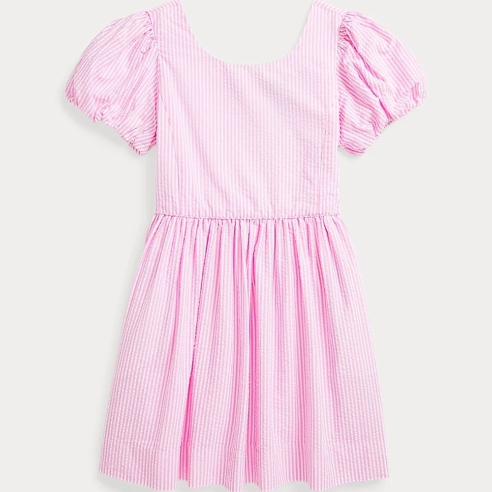 Polo by Ralph Lauren Striped Cotton Seersucker Dress Pink And White Nantucket